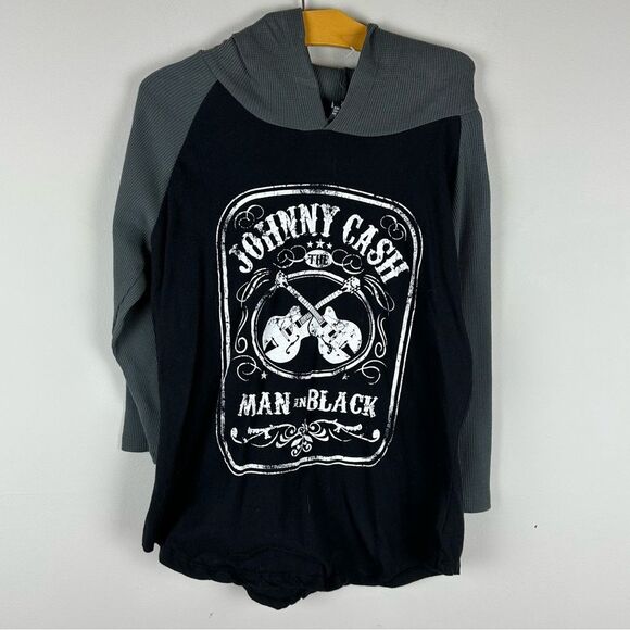 Zion Rootswear Johny Cash The Man in Black Graphic Hooded Long Sleeve Top sz L - Picture 1 of 5
